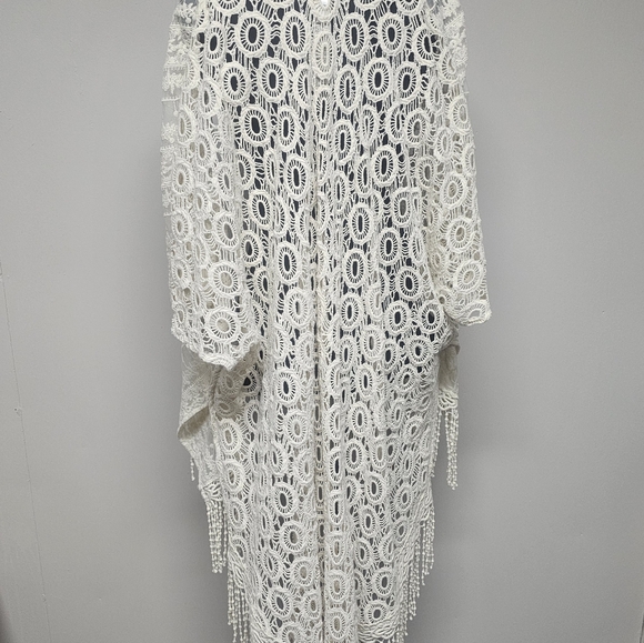Chicos Crochet Lace Kimono Caftan Beach Swim Coverup Wedding Beige Cream Fringe - Picture 4 of 6